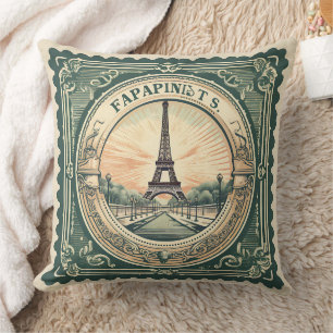 Retro Sunset French Eifel Tower Paris France Green Cushion