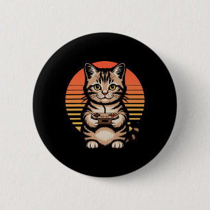 Retro Sunset Gamer Cat Gamepad Kitten Playing Vide 6 Cm Round Badge