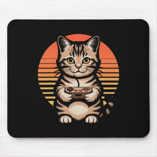 Retro Sunset Gamer Cat Gamepad Kitten Playing Vide Mouse Pad (Front)