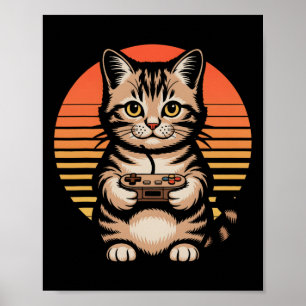 Retro Sunset Gamer Cat Gamepad Kitten Playing Vide Poster