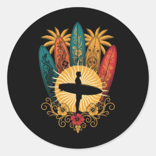 Retro Sunset Hawaii Wave Surfboard Surfer Beach Classic Round Sticker