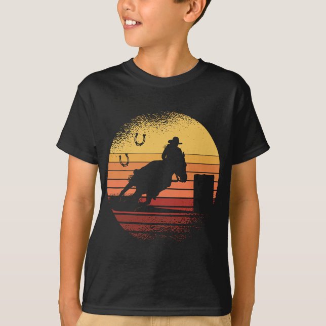 Retro Sunset Horse Barrel Racing Rodeo T-Shirt (Front)