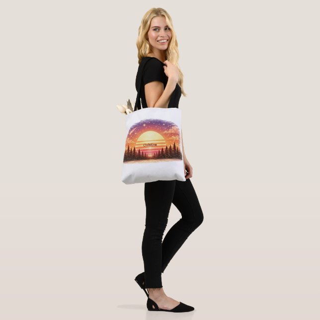 Retro Sunset in the Forest Custom Name Gift Tote Bag (On Model)