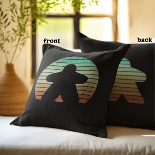 Retro Sunset Meeple Board Game Lover Pastel Black  Cushion
