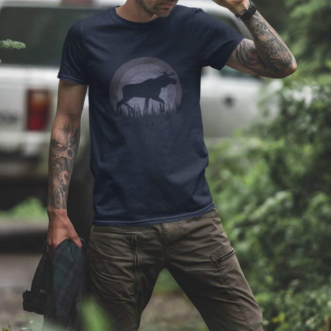 Retro Sunset Moose Silhouette Nature Pastel Blue T-Shirt (Creator Uploaded)