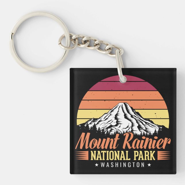 Retro Sunset Mount Rainier Washington Illustration Key Ring (Front)