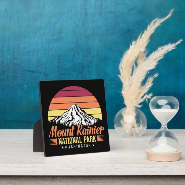 Retro Sunset Mount Rainier Washington Illustration Plaque (Insitu)