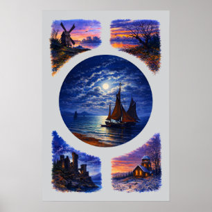 Retro Sunset & Night Landscape Vignettes Poster