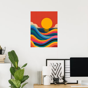 Retro Sunset Ocean Waves Abstract Bauhaus Fine Art Poster