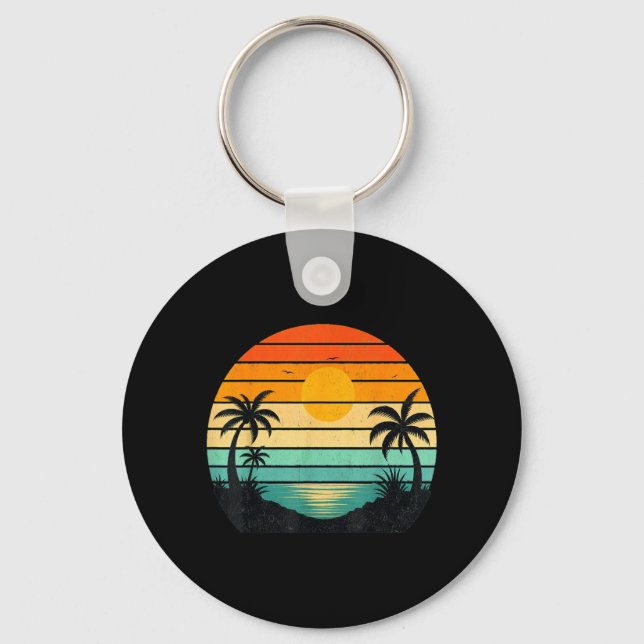 Retro Sunset Palm Trees Graphic Design Key Ring (Front)