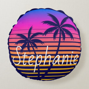 Retro sunset Personalised   Round Cushion