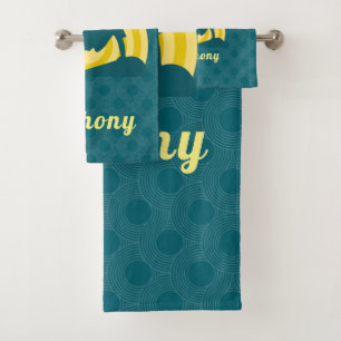 Retro Sunset Skateboarding Theme Custom Name Teal  Bath Towel Set