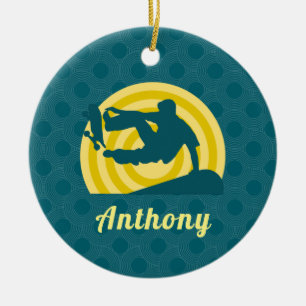 Retro Sunset Skateboarding Theme Custom Name Teal  Ceramic Tree Decoration