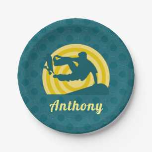 Retro Sunset Skateboarding Theme Custom Name Teal  Paper Plate