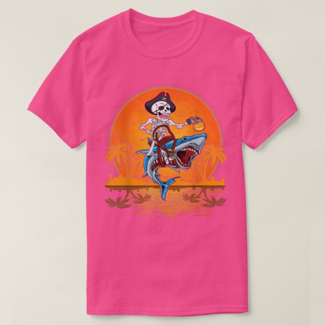 Retro Sunset Skeleton Pirate Riding Shark Hallowee T-Shirt (Design Front)