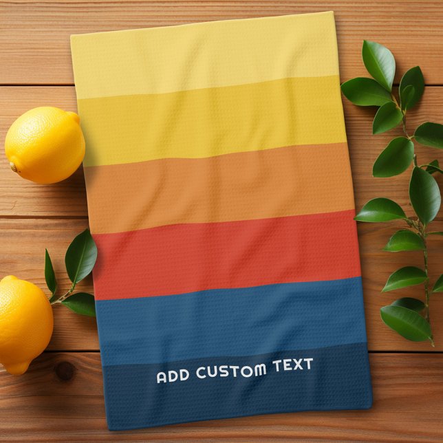Retro Sunset Stripes with Simple Sans Serif Name Tea Towel (Retro Stripes Custom Kitchen Towel)
