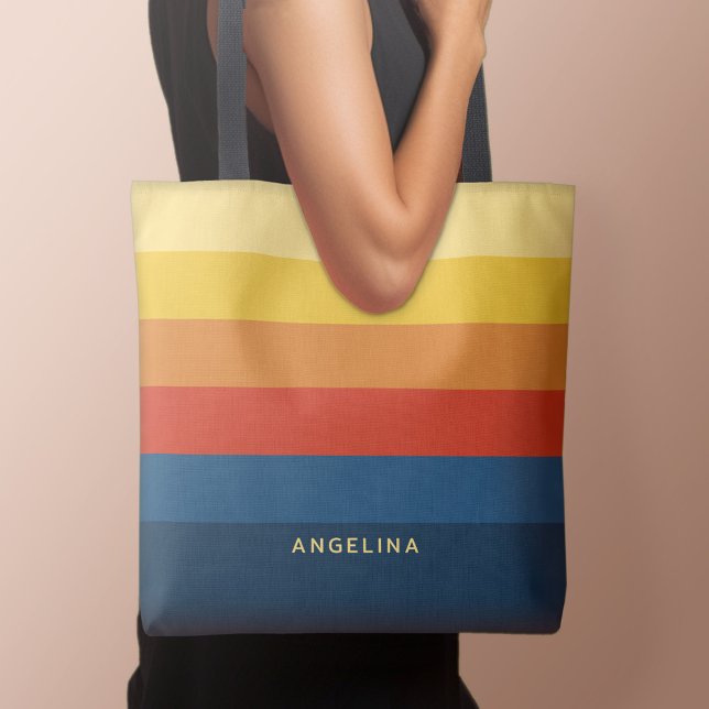 Retro Sunset Stripes with Simple Sans Serif Name Tote Bag (Personalized tote bag with retro stripes and text)