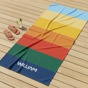 Retro Sunset Stripes with Simple Space Bold Name Beach Towel