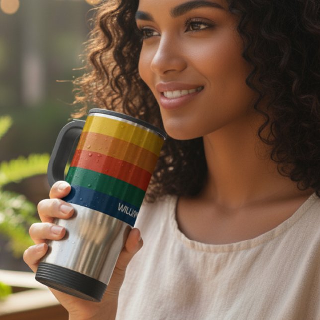 Retro Sunset Stripes with Simple Space Bold Name Travel Mug (Creator Uploaded)