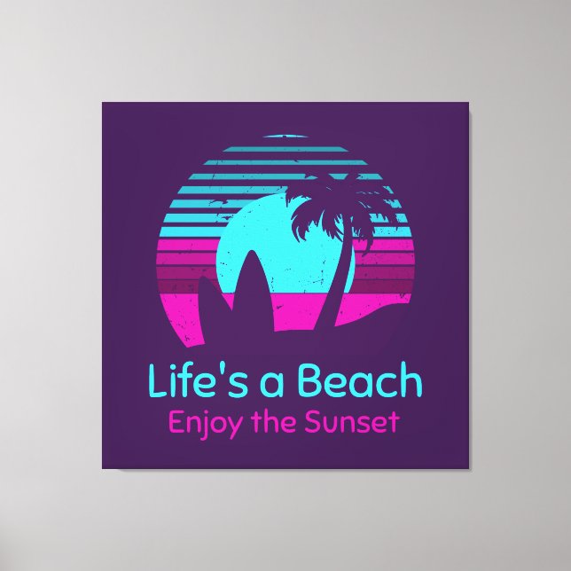 Retro Sunset Surfboard Palm Tree Life's a Beach Canvas Print (Front)