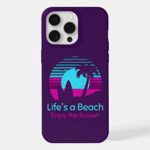 Retro Sunset Surfboard Palm Tree Life's a Beach iPhone 15 Pro Max Case