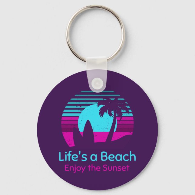 Retro Sunset Surfboard Palm Tree Life's a Beach Key Ring (Front)