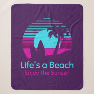 Retro Sunset Surfboard Palm Tree Life's a Beach Sherpa Blanket
