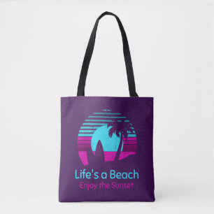 Retro Sunset Surfboard Palm Tree Life's a Beach Tote Bag