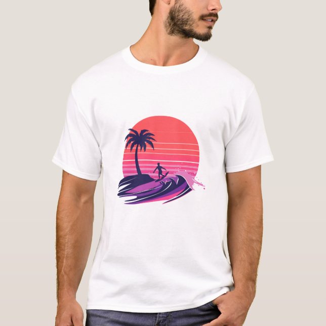 Retro Sunset Surfer Riding The Wave T-Shirt (Front)