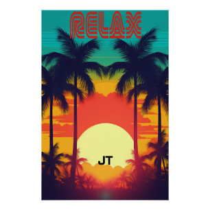 Retro Sunset Tropical 80s Style Shiny Poster
