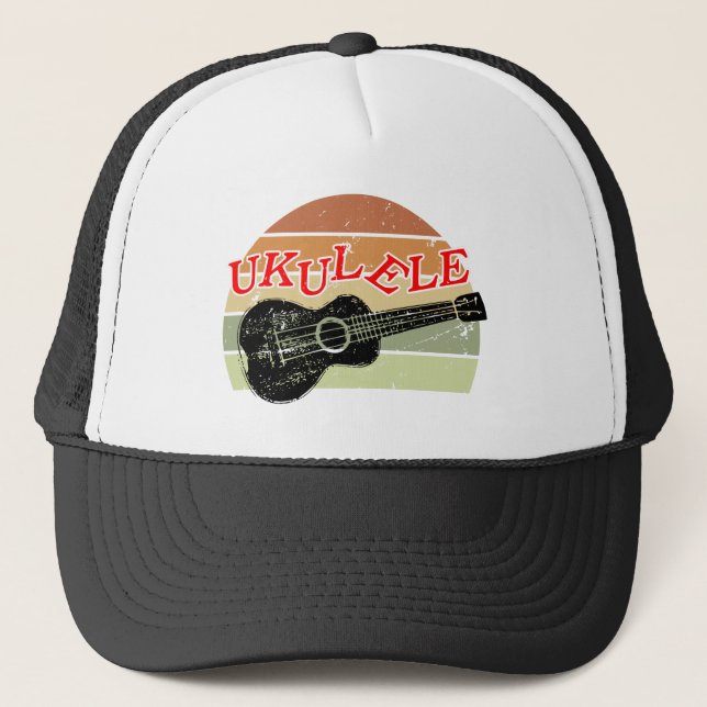 Retro Sunset Ukulele Distressed Drawing Trucker Hat (Front)
