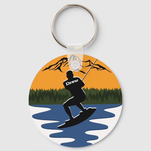 Retro Sunset Wakeboard Water Skiing Name Key Ring (Front)