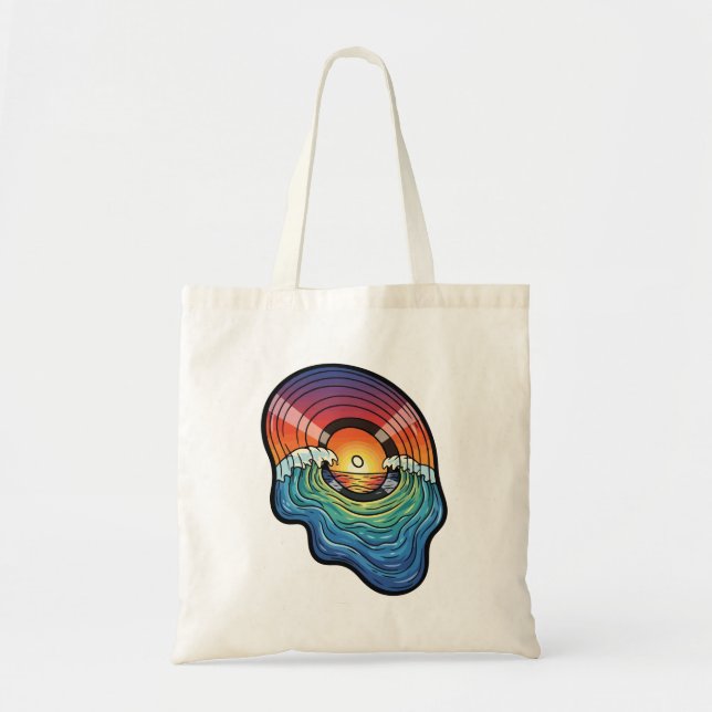 Retro Sunset Wave Vinyl Aesthetic Tote Bag (Front)