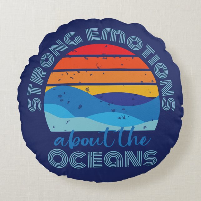 Retro Sunset Waves Ocean Saying Round Cushion (Front)