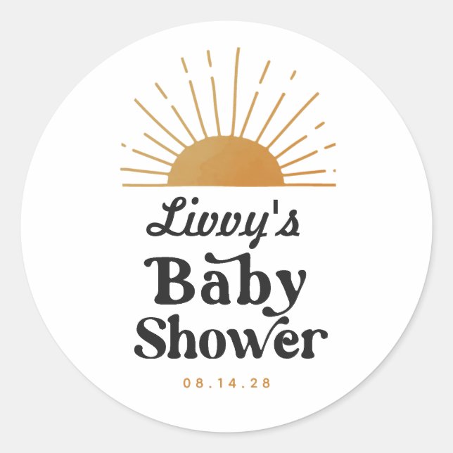 Retro Sunshine Baby Shower Classic Round Sticker (Front)