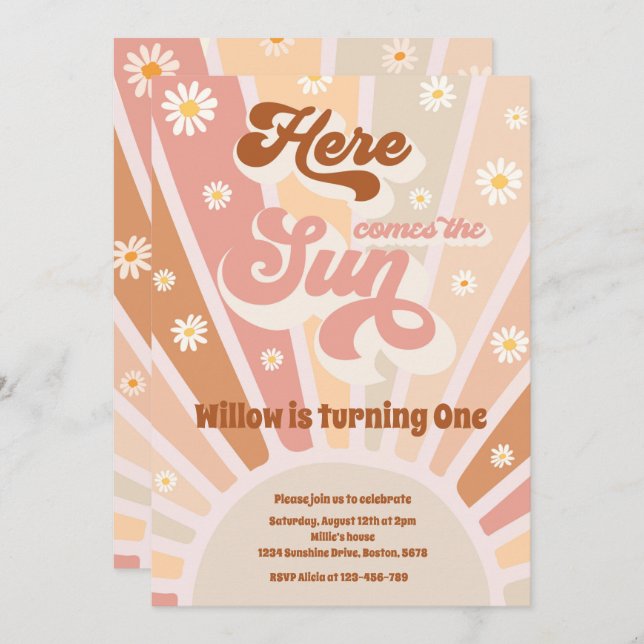 Retro Sunshine Birthday Here Come The Sun Party Invitation (Front/Back)