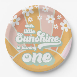Retro Sunshine daisy boho floral first birthday Paper Plate