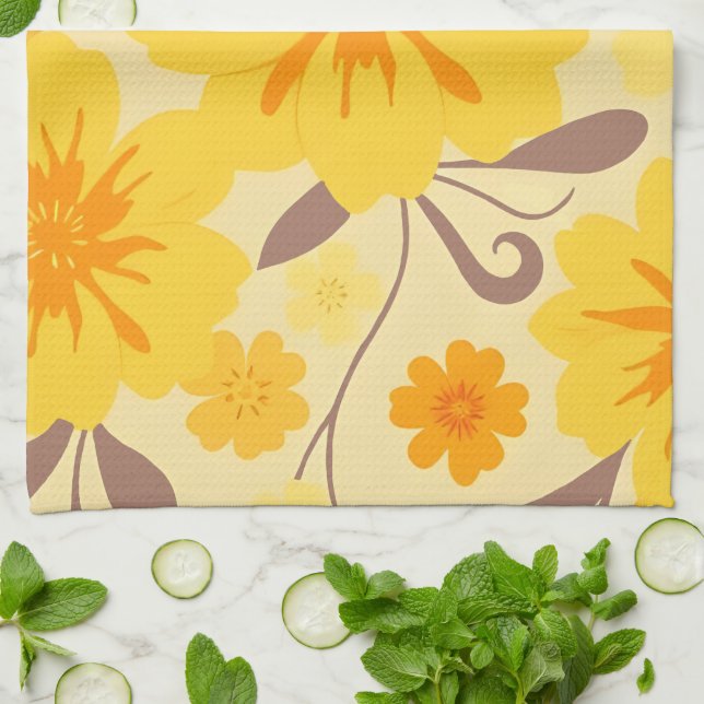 Retro Sunshine Floral Pattern-Yellow Flowers Tea Towel (Folded)