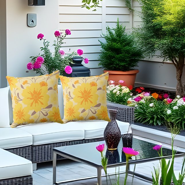 Retro Sunshine Florals-Yellow Flowers Cushion (Retro Sunshine Florals-Yellow Flowers Outdoor Pillow)