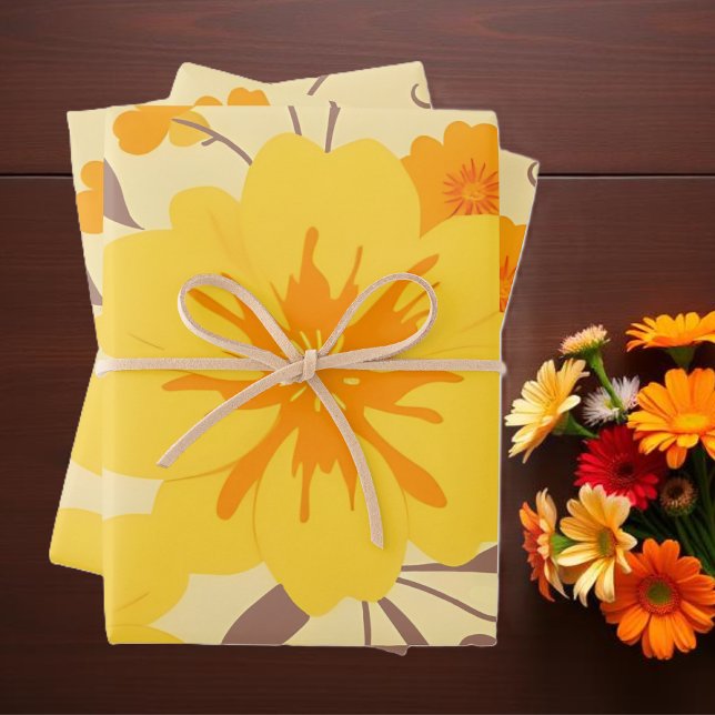Retro Sunshine Flowers-Yellow Floral Pattern Wrapping Paper Sheet (Retro Sunshine Flowers-Yellow Floral Pattern Wrapping Paper Sheets )