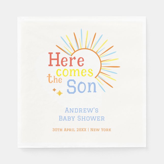 Retro Sunshine Here Comes The Son Baby Shower  Napkin (Front)