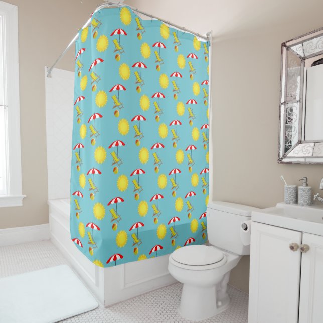 Retro Sunshine Lounge Chair Beach Ball Umbrella Shower Curtain (In Situ)