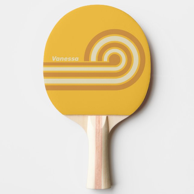 Retro Sunshine Mustard Curl Stripes with Name Ping Pong Paddle (Front)