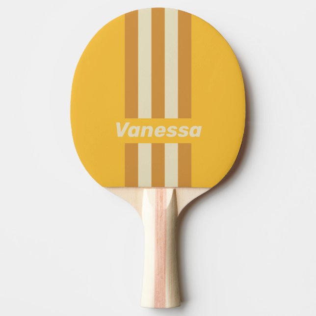 Retro Sunshine Mustard Pin Stripes with Name Ping Pong Paddle (Front)
