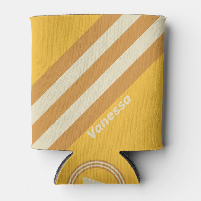 Retro Sunshine Mustard Stripes with Name Can Cooler (Front)
