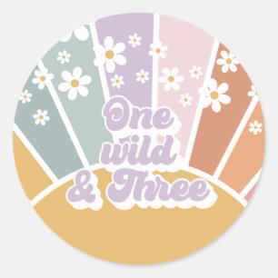 Retro Sunshine Rainbow Daisy One Wild Three Classic Round Sticker