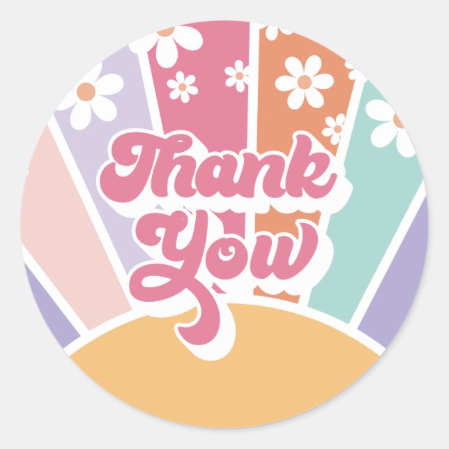 Retro Sunshine Rainbow Daisy Thank You Classic Round Sticker (Front)