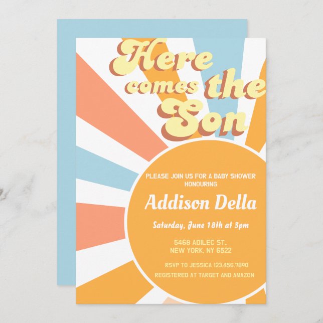 Retro Sunshine Sun Themed Boy Baby Shower Invitation (Front/Back)