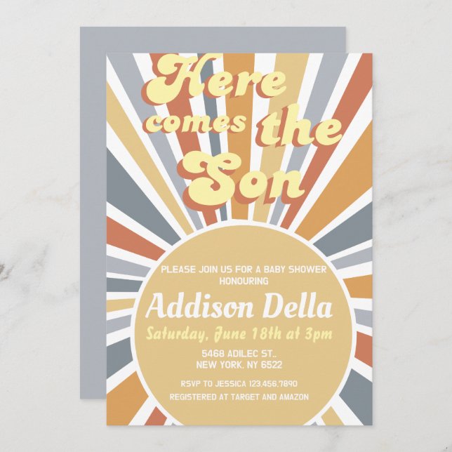 Retro Sunshine Sun Themed Boy Baby Shower Invitation (Front/Back)
