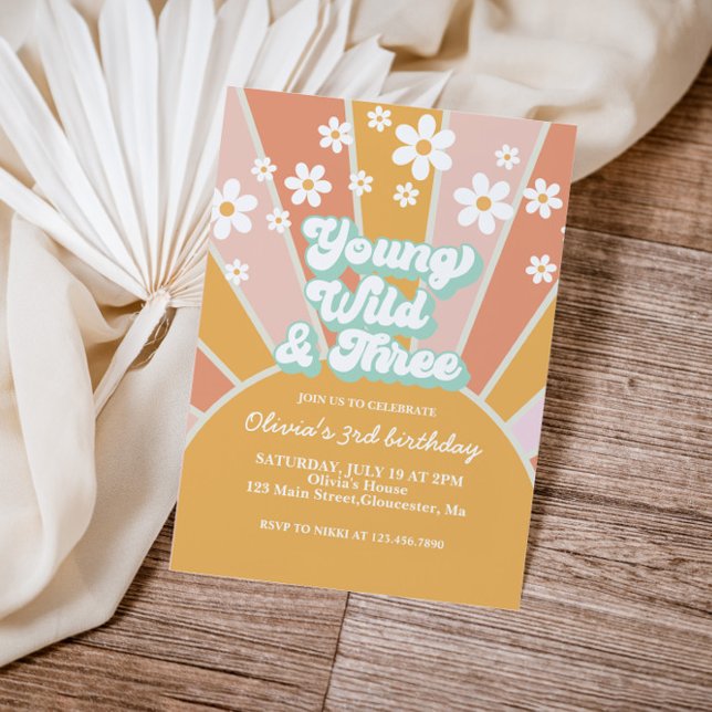 Retro Sunshine Young Wild Three daisy boho floral  Invitation (Creator Uploaded)